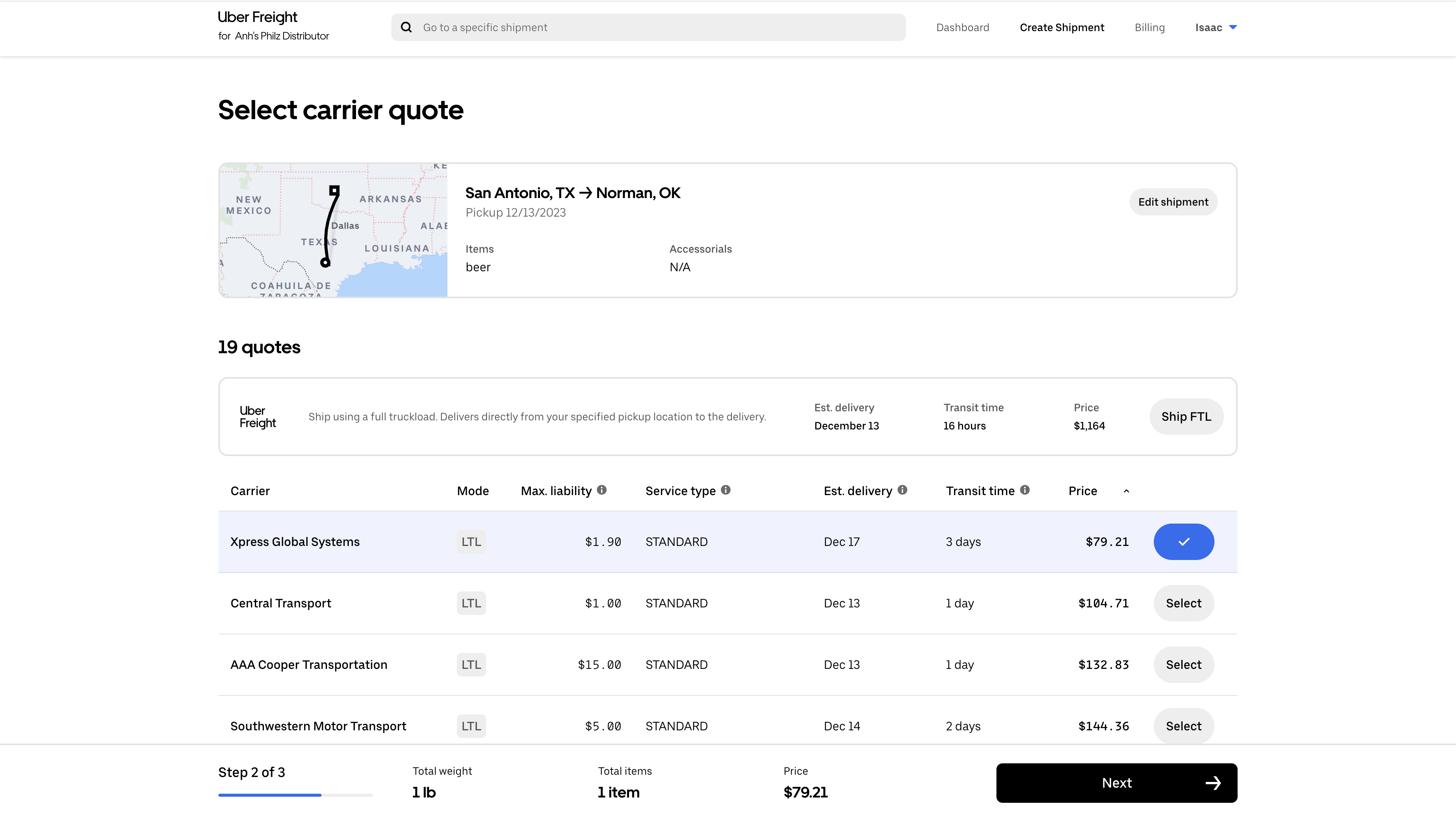 FTL-freight-quote-comparison screengrab of shipping software