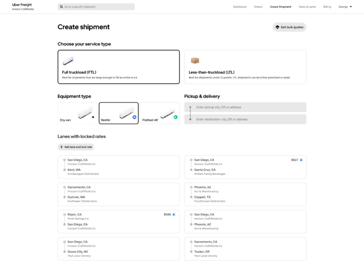 Create shipment step 1 to 3 Uber Freight Shipping UX of booking a reefer load