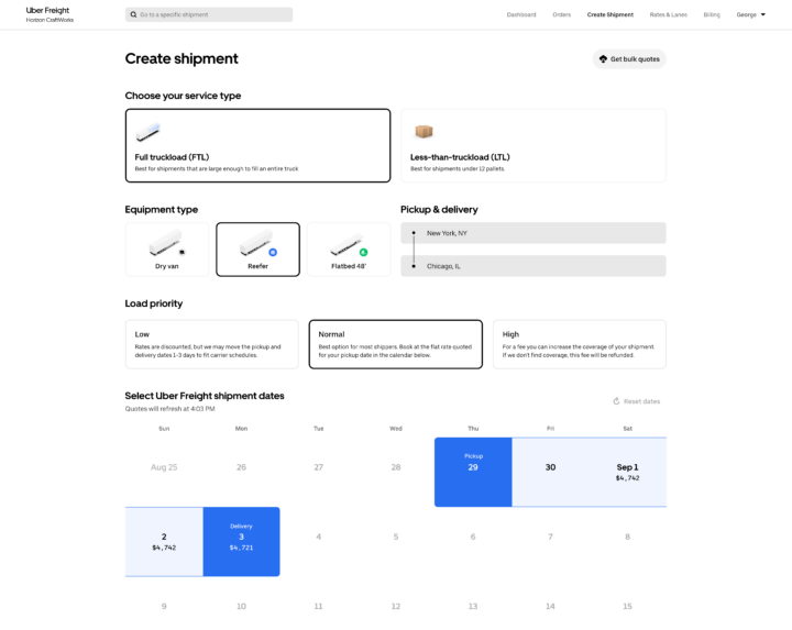 Create shipment step 5 Uber Freight Shipping UX view of booking a reefer load